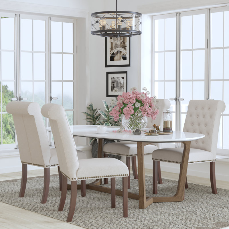 Feige Parsons Chairs-Rolled Back, Accent Nail Trim, Beige Fabric