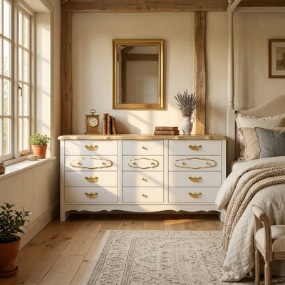 White And Gold 63" Soild Wood Top 12-Drawer Dresser With Elegant Brass Handles