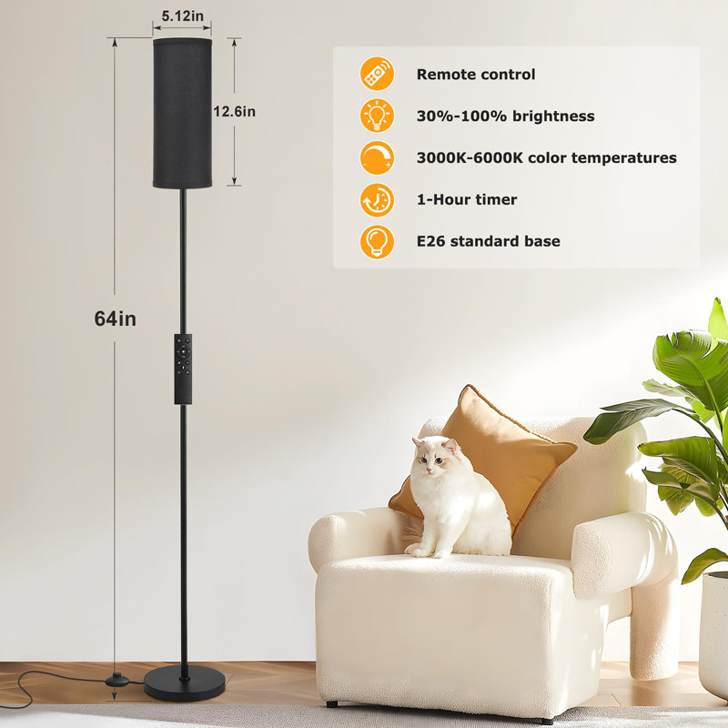 Lampe sur pied moderne 64 "pour le salon, Noir, noir, noir, noir, Noir, noir, noir, noir