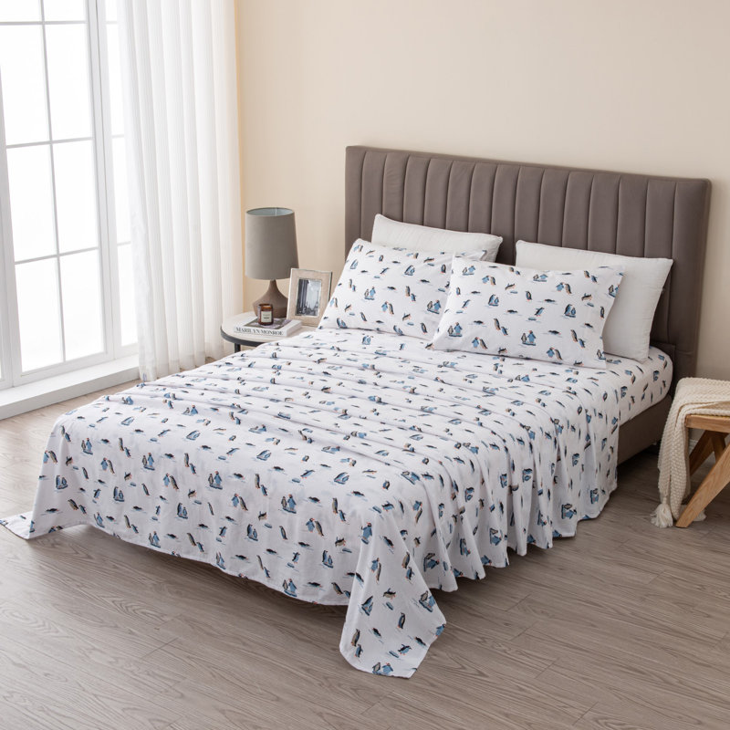 Queen White Snowflake Cotton Flannel Sheet Set