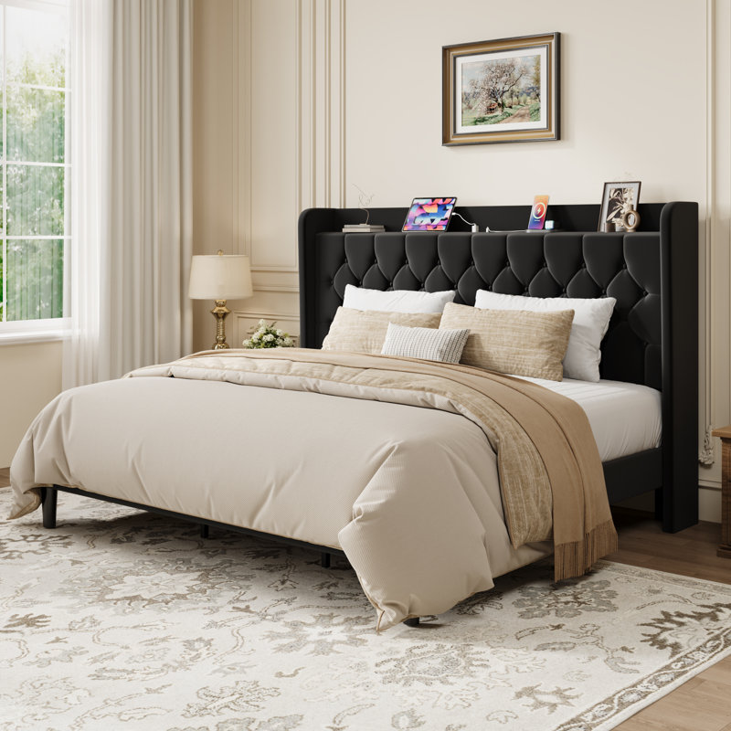 Modern Tufted Upholstered Bed In Velvet Or Linen With Charging Station & Headboard Shelf, High Clearance Under Bed Storage