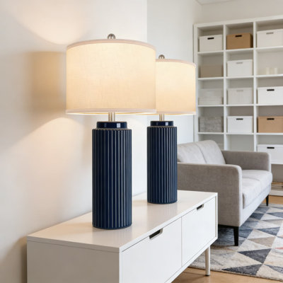 Set Of 2 Modern Ceramic Table Lamps With Linen Shade, 28.5 Inch Tall Farmhouse Bedside Lamps For Living Room, Bedroom, Office, And Hallway Decor