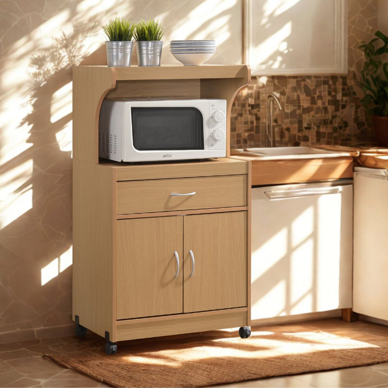 Chariot de cuisine roulant avec tablette à micro-ondes, tiroir à ustensiles, espace de rangement d'armoire intérieure et roulettes verrouillables