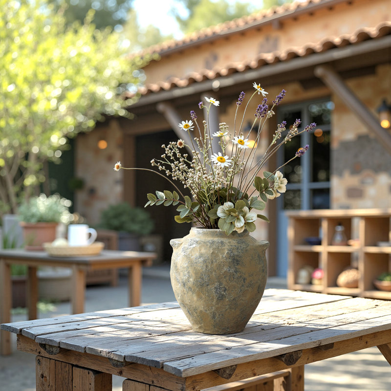 11'' H Rustic Gray Round Terracotta Vase with Handles