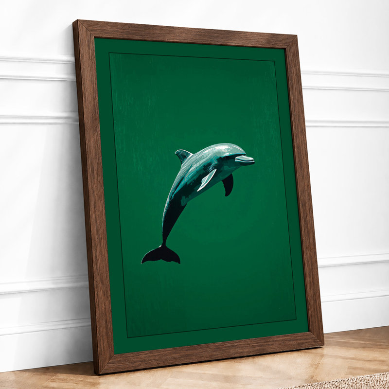 Leaping Dolphin Coastal - Framed Print, A2 - 59.4 x 42.0 cm, Walnut