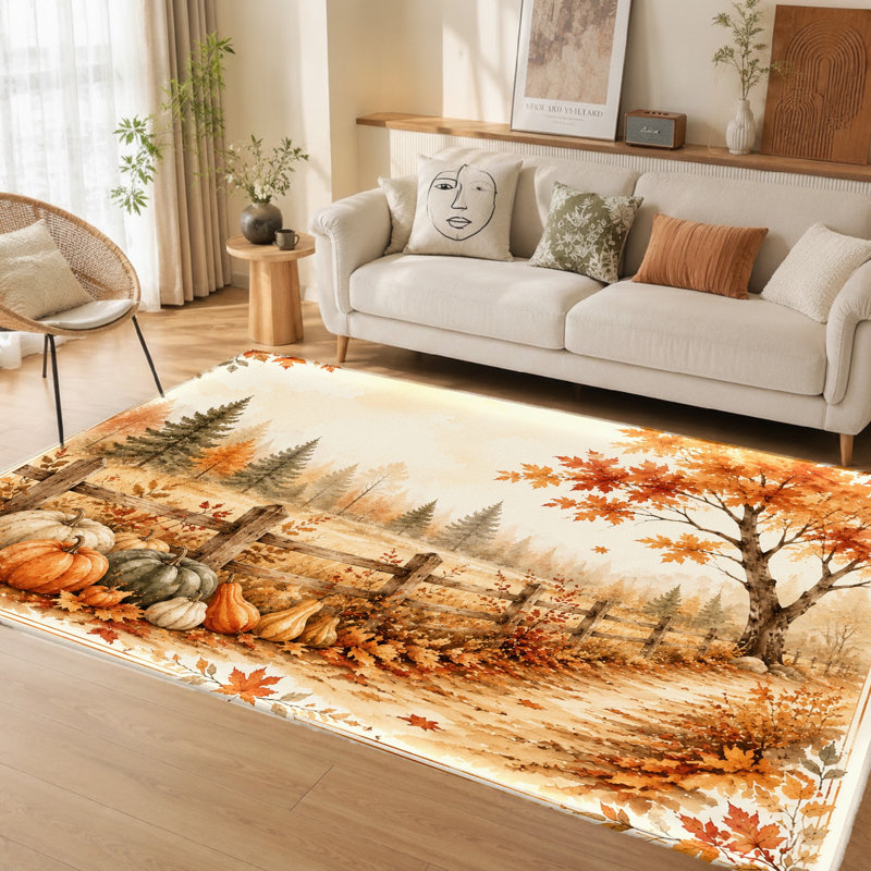 Tapis d'automne (1 pièce) - Motif aquarelle citrouilles et feuilles mortes, décoration chaleureuse pour le salon, lavable, antidérapant, idéal pour la décoration intérieure.