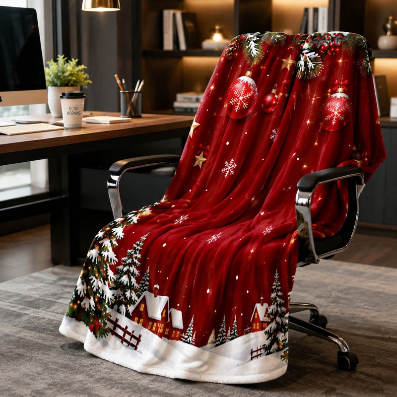 Christmas Red Fleece Throw Blanket, Festive Winter Scene Cozy Lightweight Plush Bed Blanket for Sofa Couch Bedroom Living Room Home Decoration