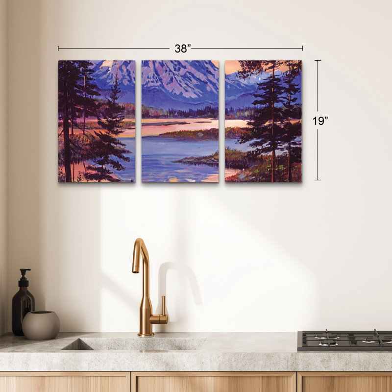 Ensemble de 3 panneaux - David Lloyd Glover «Mountain Lakeshore At First Light», art mural sur toile pour le salon, la chambre à coucher ou le bureau 