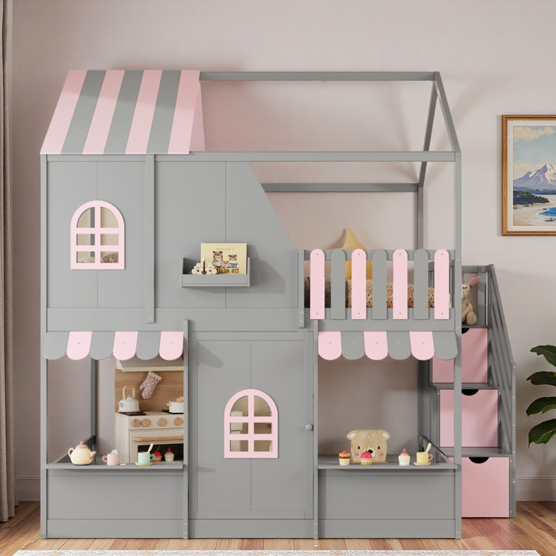 Wooden House Bunk Bed With Storage Staircase, Open Storage Platforms, Additional Shelf, Roof, Cute Windows And Center Door