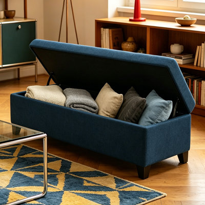 Tufted Upholstered Storage Bench, 51" Wide Flip-Top Multi-Function Ottoman Footrest for Bedroom, Navy Blue