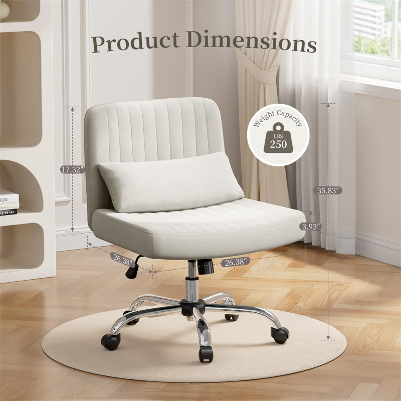 Criss Cross Legged Velvet Office Chair For, Armless Desk Chair With Wheels, Height Adjustable Swivel Vanity Chair With Wide Seat And Lumbar Pillow For Bedroom And Office,