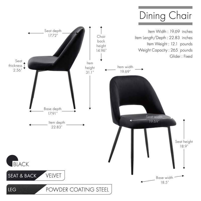 Vendrina Velvet Dining Chair with Steel Legs, Black