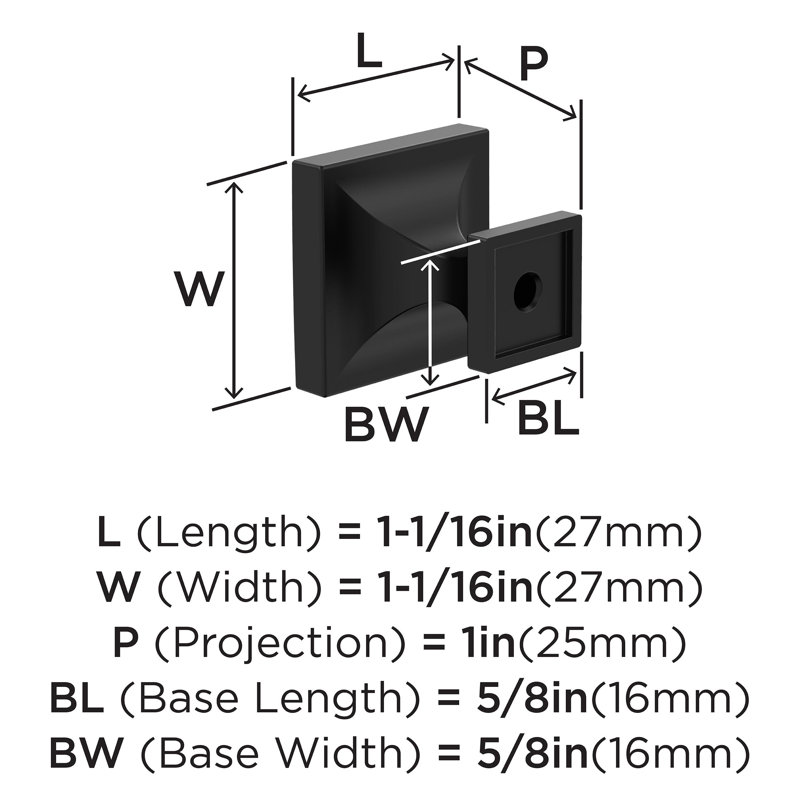 Pedestal 1-1/16 inch (27mm) Length Matte Black Cabinet Knob - 10 Pack, Matte Black