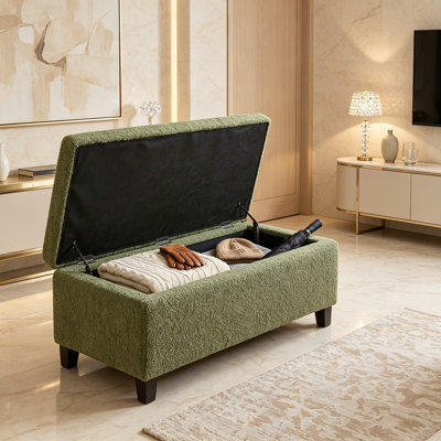 Retro Green Storage Ottoman with Flip-Top Lid, Easy Assembly, Boucle Fabric & Rubber Wood Legs