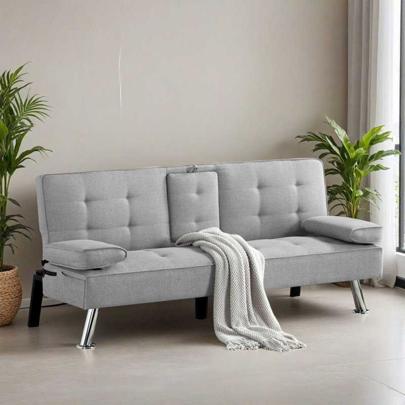 65.32" Wide Convertible Upholstered Reclining Sleeper Sofa Bed, Light Gray