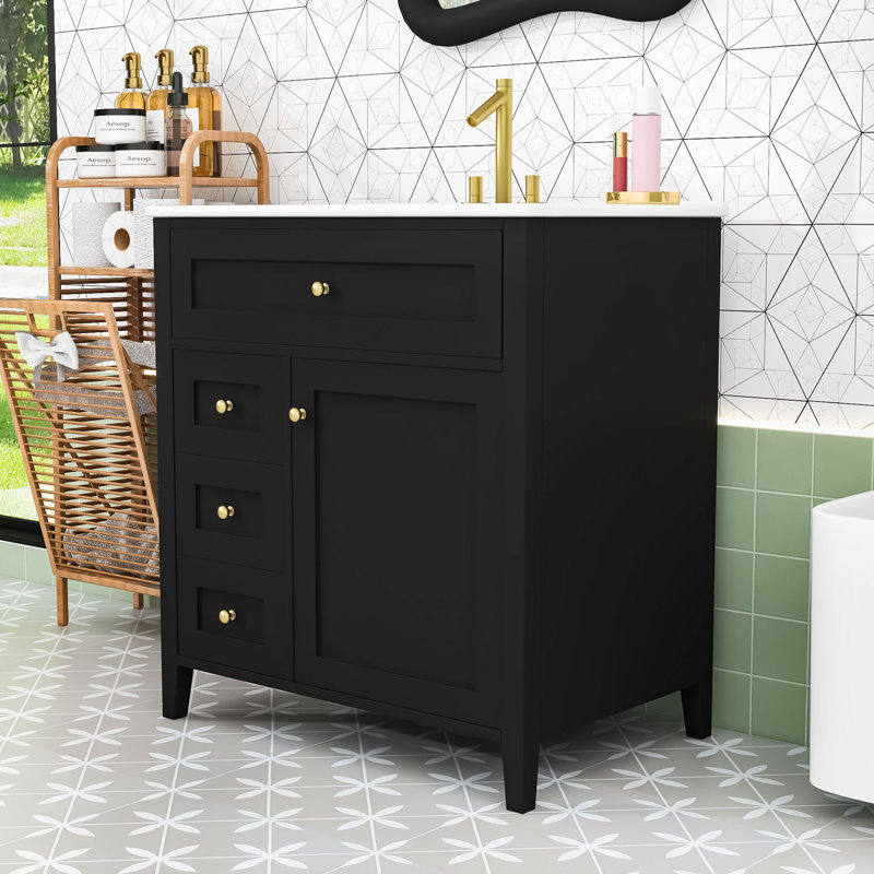 Meuble-lavabo moderne avec rangement spacieux, panneau de fibres à densité moyenne durable et tablettes réglables, Noir