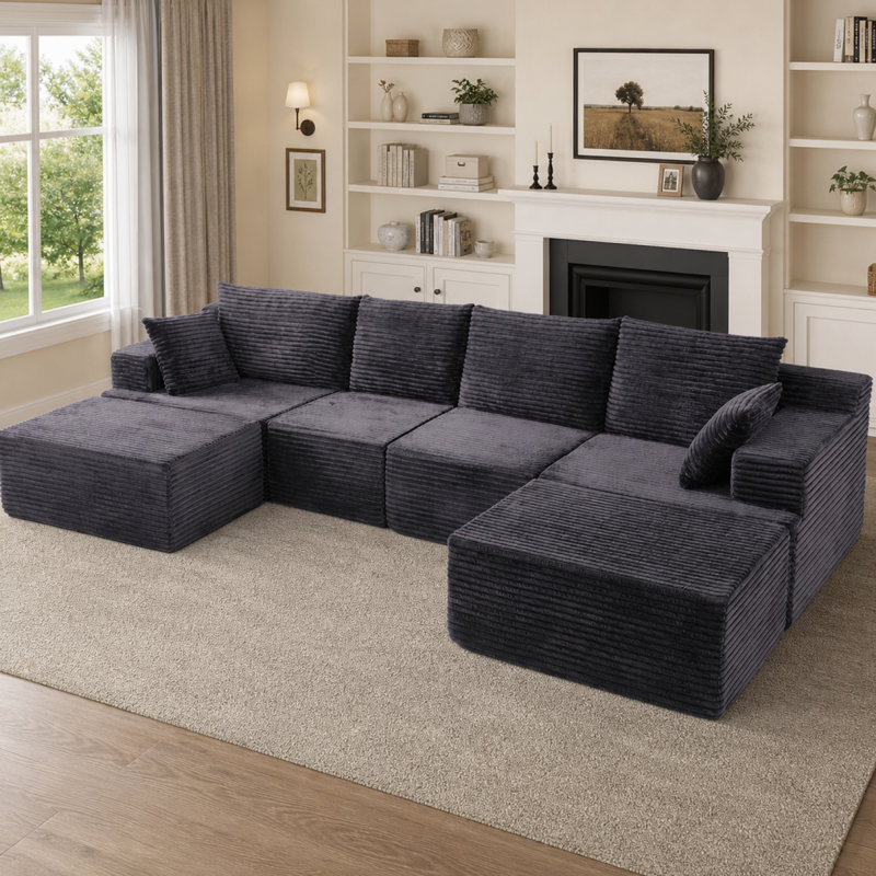 Canapés modulaires à compression, 130,7 pouces, velours côtelé gris, style moderne pour la maison familiale, Grey