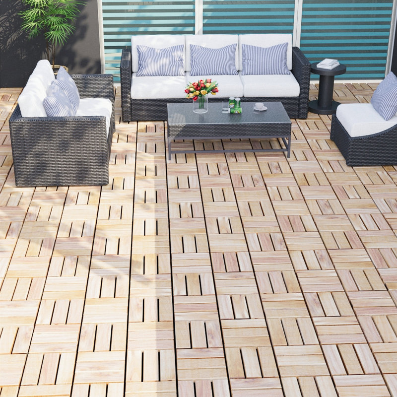 20 carreaux de terrasse à emboîtement à carreaux, 12 po x 12 po, plancher de bois franc d'acacia jaune carré pour patio, terrasse, bord de piscine