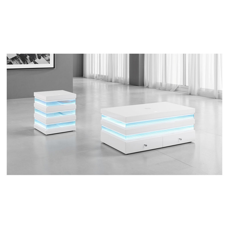 Table basse rectangulaire blanche contemporaine avec éclairage DEL, chargement sans fil, haut-parleur Bluetooth et tiroirs à queue d'aronde française