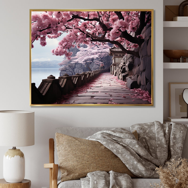 Art du Japon, chemin de fleurs de cerisier rose - Art encadré, H 30 po x l 40 po x P 1,5 po, Cadre flottant doré