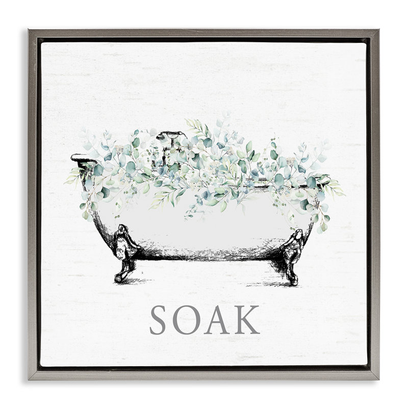 Toile pour salle de bain avec eucalyptus, art mural encadré flottant, H 18 po x l 18 po, Cadre flottant gris lustré