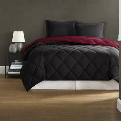 Ensemble de literie réversible pour lit double / grand lit, microfibre hypoallergénique avec matelassage en losanges, rouge et noir