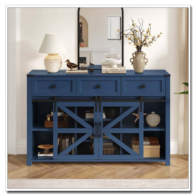 Buffet de porte de grange coulissante 55 "avec tiroirs, tablettes réglables et portes grillagées en métal, Marine