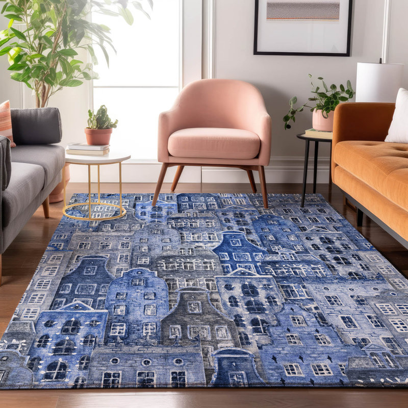 Tapis bleu Cerrito AMF600 lavable à la machine de qualité supérieure, Rectangle 5 pi x 7 pi 6 po