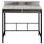 Bureau d'ordinateur assis-debout en stratifié gris avec étagères, 122 cm (48 po) de long, base en métal noir, usage bureau/maison, rangement intégré.