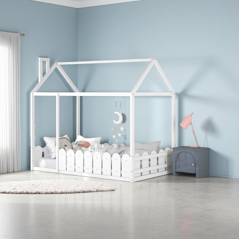 Cadre de lit simple avec clôture pour enfants, adolescents, filles et garçons, Blanc
