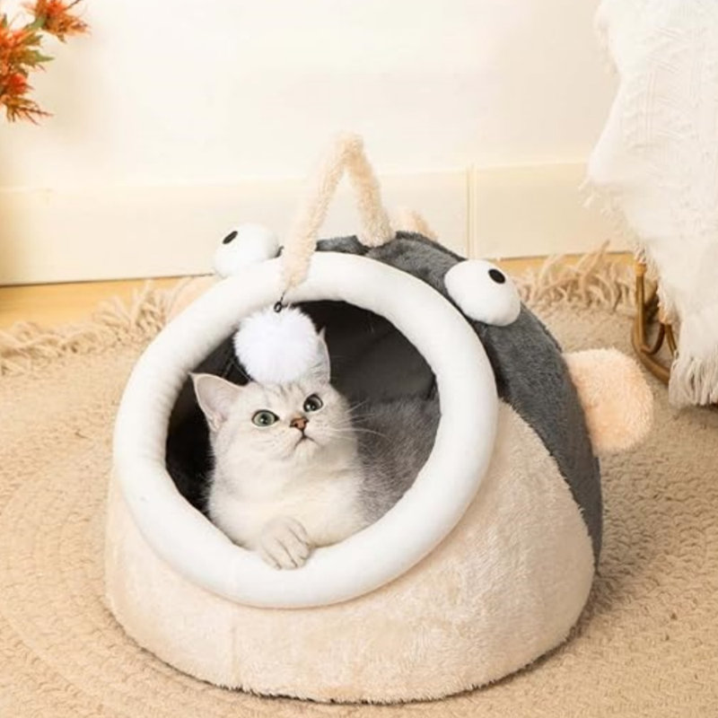 Mignon campagnard en forme de poisson Jackey, petit nid de chat fermé et moelleux, animal de compagnie intérieur et apaisant pour petits et grands chiens