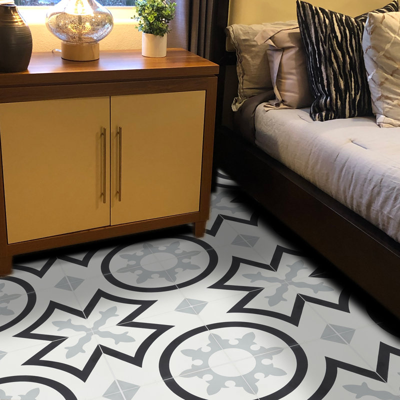 Ozod 8" x 8" Cement Patterned Wall & Floor Tile, Black/Soft Gray/White