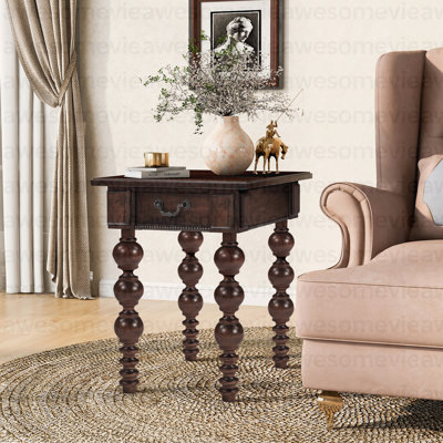 Solid Wood End Table with Drawer, Easy Assembly Vintage Narrow Sofa Side Table for Living Room, Espresso