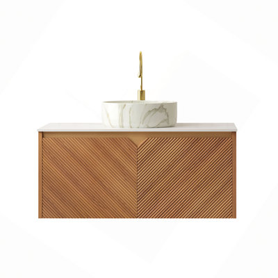36" Wall-Mounted Oak Plywood Cabinet And Carrara Sintered Stone Countertop, NO Basin, NO Faucet And Sink Cover