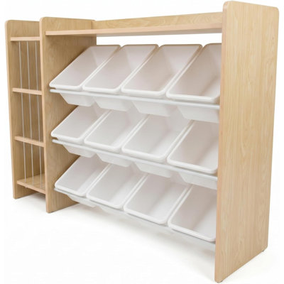  Organisateur de rangement de jouets avec rangement pour animaux en peluche, 12 bacs de rangement amovibles pour salle de jeux pour enfants, rangement et rangement de jouets, bois massif, naturel / blanc