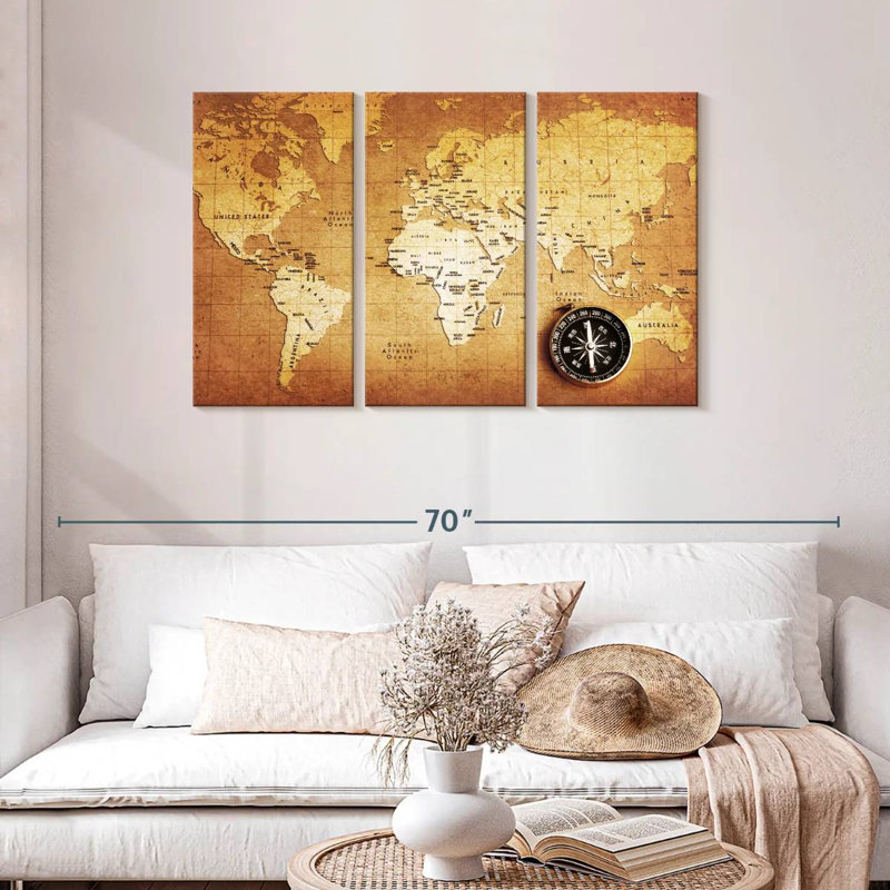 Aliaz Brass Compass Map, 28" H x 45" W