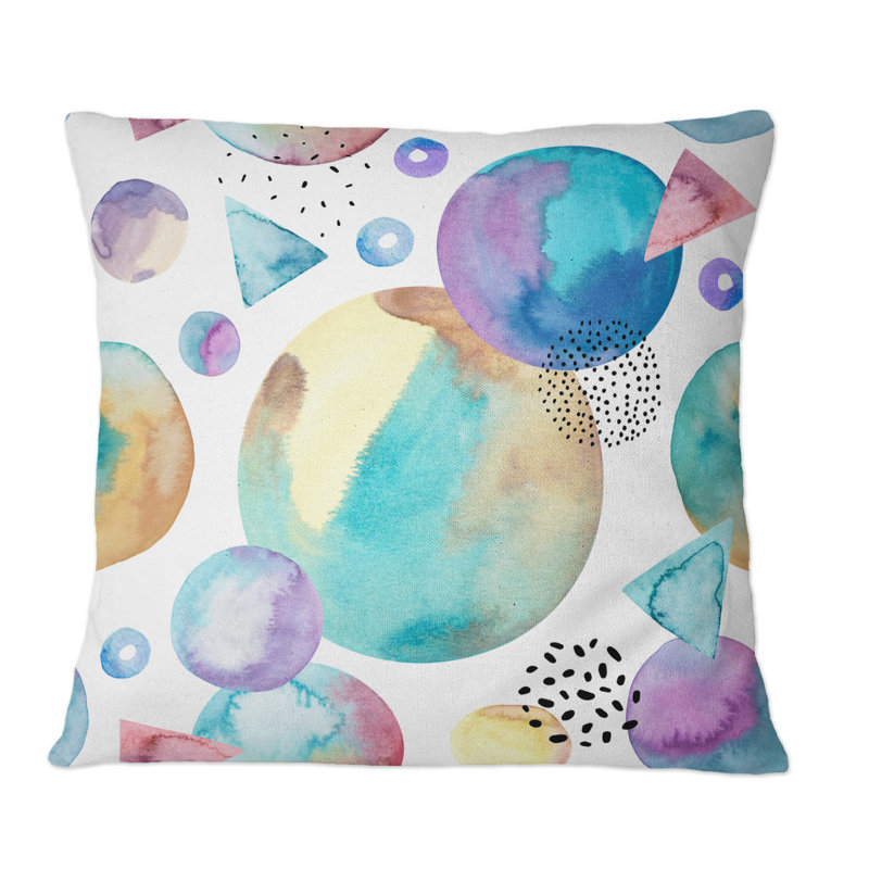 Rétro triangles, cercles, pois sur blanc III - Coussin décoratif à motif, 16 po x 16 po