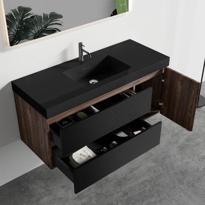 Modern Wall - Mounted Bathroom Vanity With 48" Walnut Design, Matt Black Sink, Silent Drawers, E1 Grade Materials, High Edge Countertop Floating 48", Color, Basin, Panel, 4.7 Inch Deep Sink