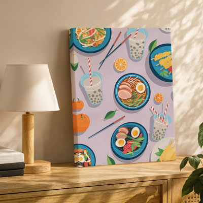 Canvas A Vibrant And Playful Flat Lay Illustration Of Assorted Asian Wall Art Dishes Featuring A Bowl Of Ramen Topped With Sliced Pork Canvas Wall Art