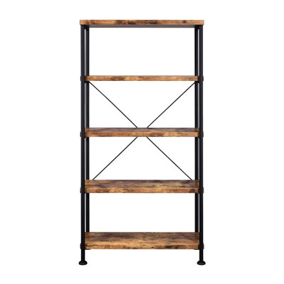 Bibliothèque à 4 tablettes avec structure ouverte en métal noir et métal de gros calibre, spacieuse pour le rangement, fabrication en bois d'ingénierie Scratch, décoration de livres, finition