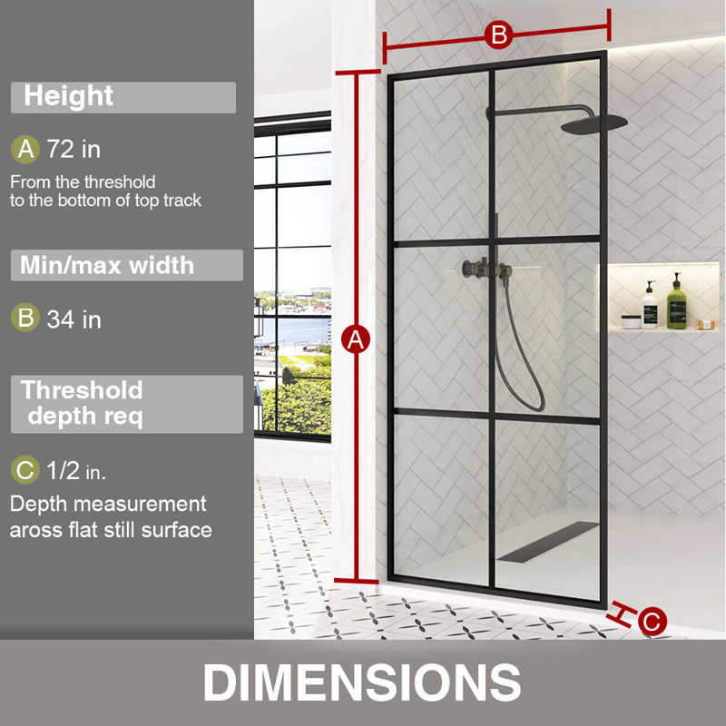  Nyssa 34 In. W X 72 In. H Framed Fixed Shower Screen Door In Matte Black With 5/16 In. (8Mm) Patterned Glass