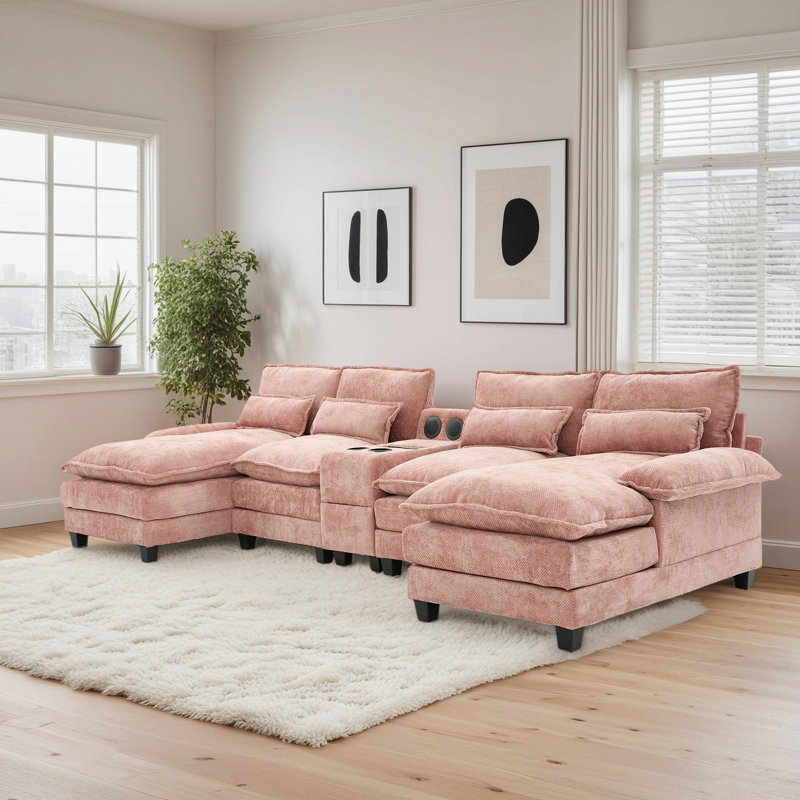 126‘’W U Shaped Cloud Couch Sectional Sofa,chenille Cloud Black Sectional Couches With Double Chaise Lounge For Living Room
