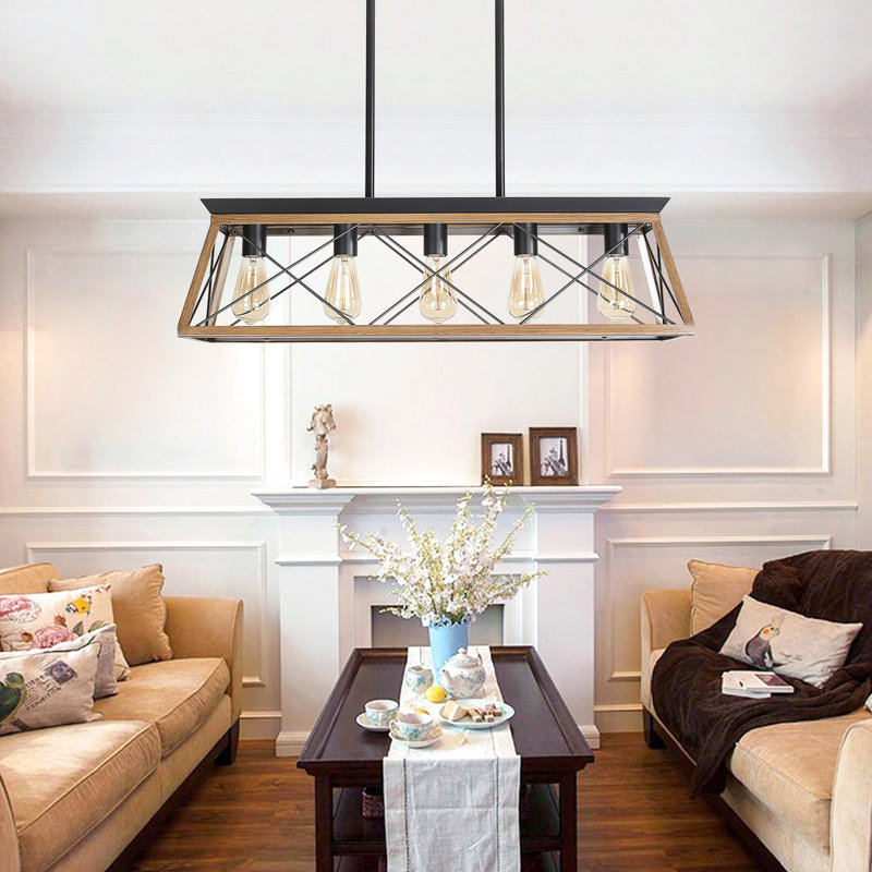 Luminaire de plafond en noyer avec 5 lumières réglables en hauteur pour 5 pièces
