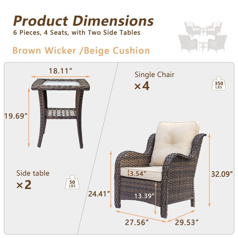 Chaise de patio d'extérieur simple avec coussins (ensemble de 6), Brun