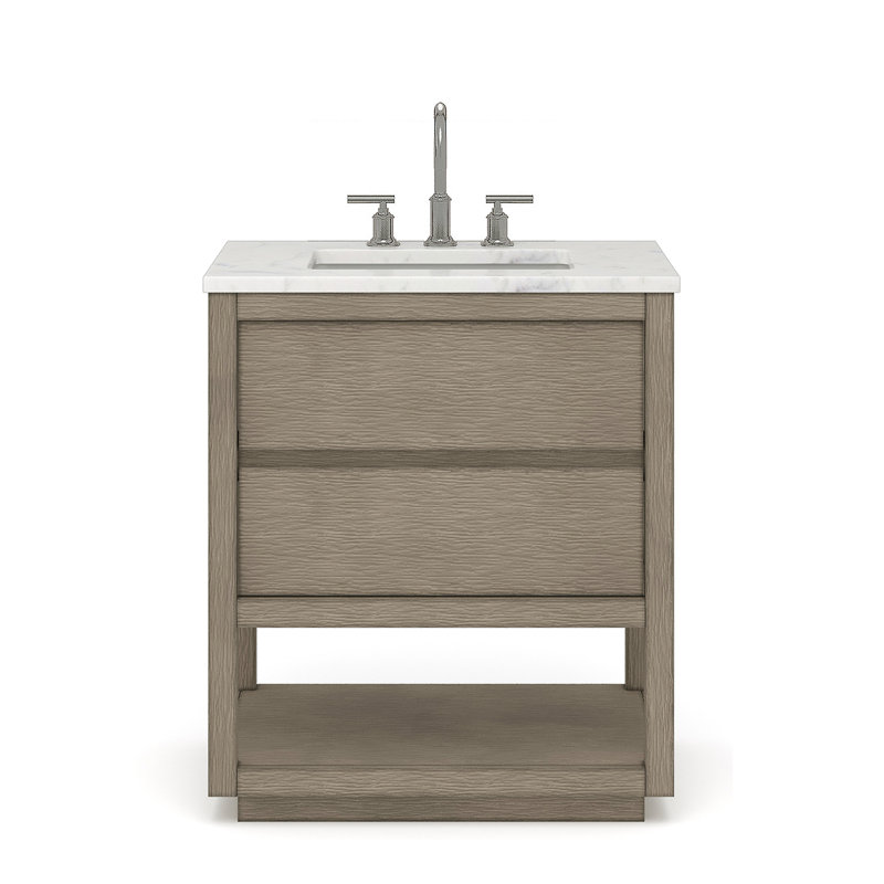 Oakman 30 In. Double Sink Carrara White Marble Countertop Bath Vanity In Grey Oak With Gold Faucets, Chrome