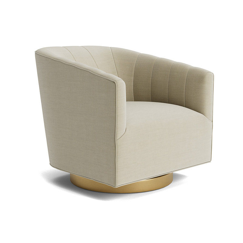 Cooper Upholstered Swivel Barrel Chair, Performance Linen - Flax, Brushed Brass