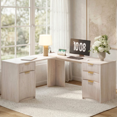 Bureau en L 63 po cannelé avec tiroirs, bureau d'ordinateur en coin avec rangement, bureau de direction moderne avec classeur et station de charge, aulne blanc