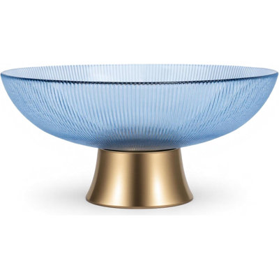 Round Glass Decorative Bowl（Blue）, 9.8 Inches Handblown Striped Design Fruit Bowl With Rust-Resistant Metal Base For Home Decor, Table Centerpiece, Kitchen Island And Dining Décor
