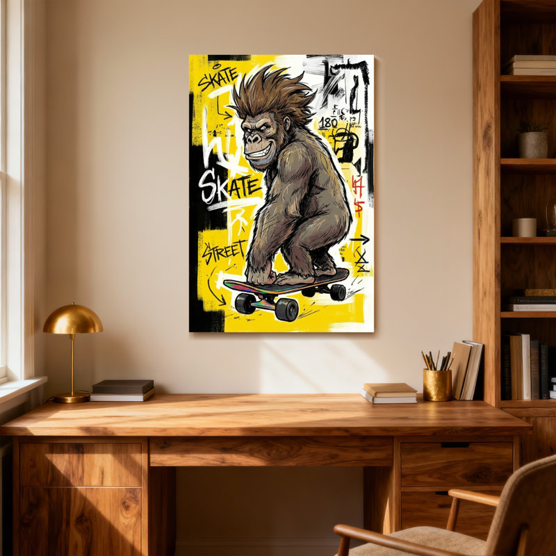 Animaux, singe, planche à roulettes, art de rue, style graffiti, impression sur toile, H 24 po x l 16 po