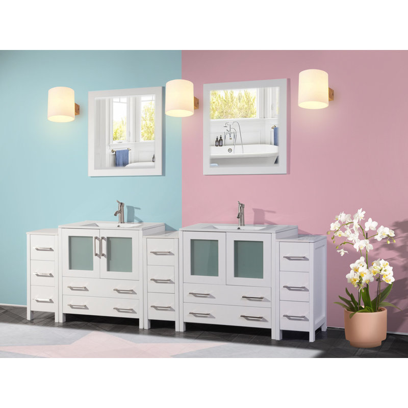 Karson 96'' Double Bathroom Vanity with Ceramic Top with Mirror, White